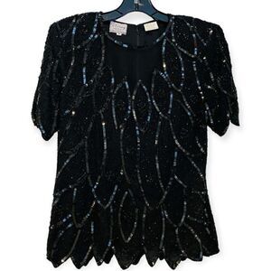 80’s Vintage Sténay Black Sequin Beaded Silk Sheer Illusion Top Size Small
